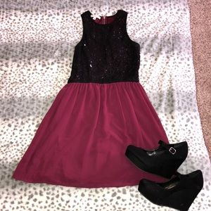 Socialite Maroon Black Lace & Sequin Dress